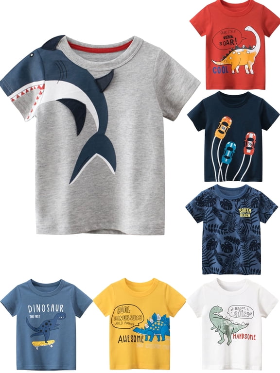 Toddler and Little Boys Summer Short Sleeve Crew neck T-Shirts Graphic Tops 1-9 Years - 3D shark