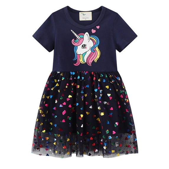 Toddler and Little Girl's Casual Short Sleeve Tutu Skater Princess Dress - Unicorn 6T