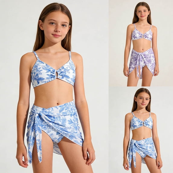 Toddler and Little Girls Swimwear Sets Summer Swimwear Tie Dye Print Bikini Top with Shorts and Skirt Three Piece Outfit