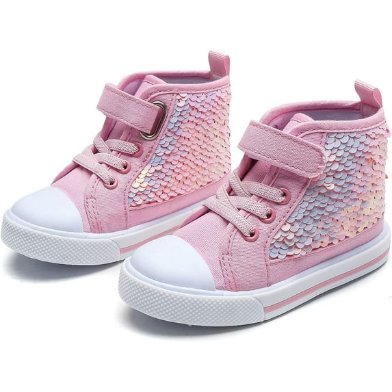 Toddler and Little Kid High Top Canvas Sneakers - Color-Shifting Flip Sequins for Sparkly Playtime Fun