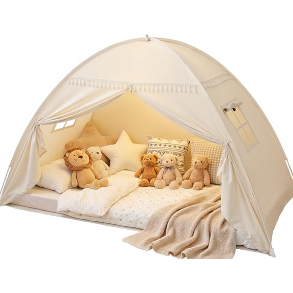 Toddler bed Tent Canopy: Lights & Flags Indoor Floor Twin Bed Kids Play - Curtains Girls&Boys House Bedroom Privacy Space Sleeping Tents Gifts Large Teepee Tent(Golden Beige)