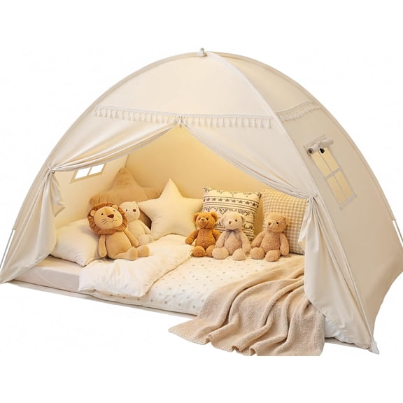 Toddler bed Tent Canopy: Lights & Flags Indoor Floor Twin Bed Kids Tent Play Tent - Twin Bed Curtains - Girls&Boys Play House Bedroom Privacy Space Sleeping Tents Gifts Large Teepee Tent(Golden Beige