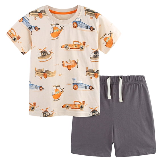 Toddler boys and girls summer outfits short sleeve t-shirt and shorts 2pcs clothes set Beige 6-7 Years