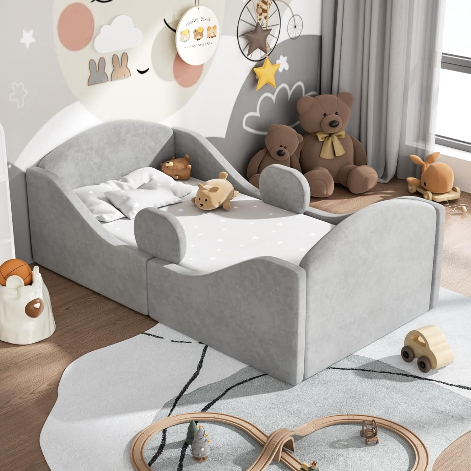 Toddler floor bed with removable safety rails, suitable for both boys and girls, standard crib size, soft-padded safety mattress, low-profile design (Grey).