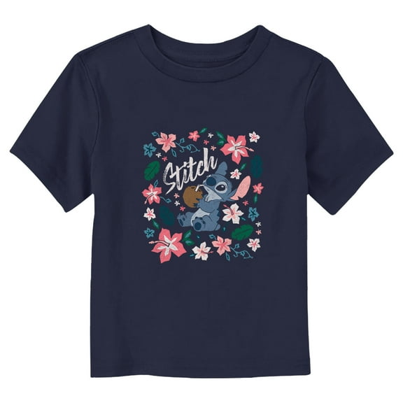 Toddler's Lilo & Stitch Distressed Flowers and a Coconut Graphic Tee Navy Blue 3T