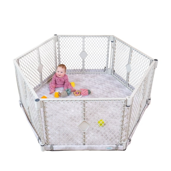 Toddleroo by North States 6-Panel Superyard Nook with SecureMat, Hexagon Clouds, White