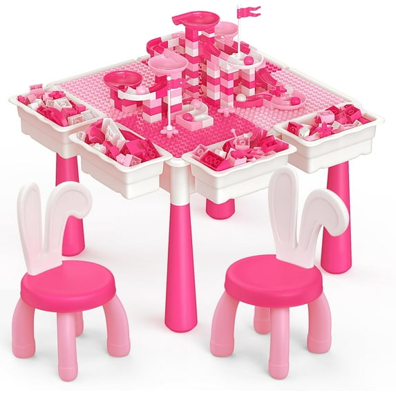Toddlers Activity Table 7 in 1 Kids Activity Table and Chairs Set with 152Pcs Large Marble Run Building Blocks, Sand/Water Table, Kids Learning Play Table Toys for Girls Boys Toddler Pink