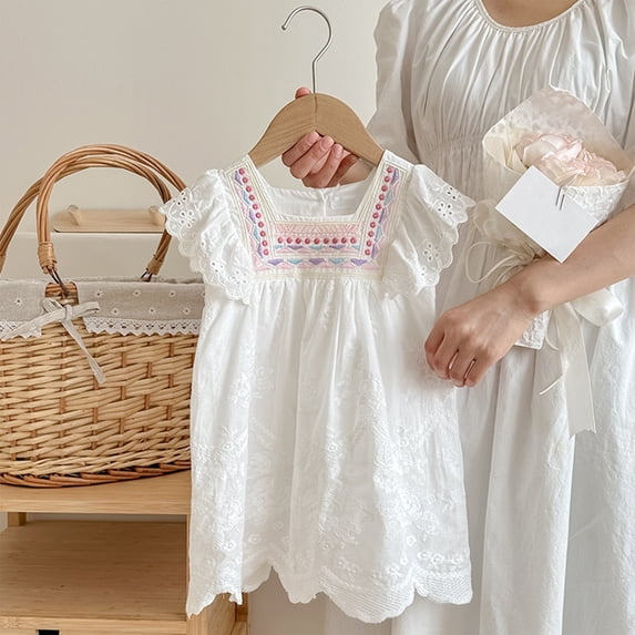 Toddlers Baby Girls Embroidered Lace Dresses Square Neck Ruffle Sleeve Vintage Floral Princess Party Gowns for Summer Casual and Special Occasions,White,100