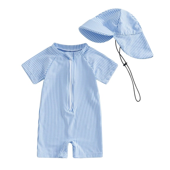 Toddlers Bathing Suits with Cap Baby Boy Girl Striped Zipper One Piece Swimsuit Sun Protection Travel Outfits (2 Years, Blue)