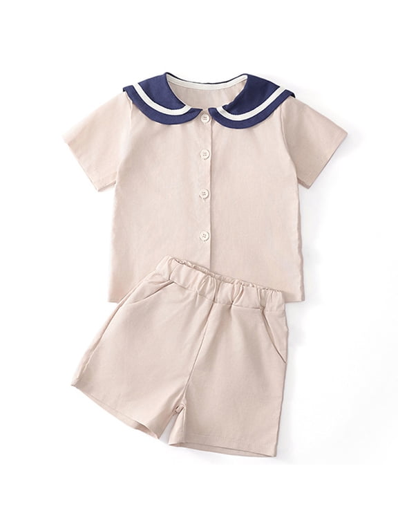 Toddlers Boys Girls Sailor Style Sets Cotton Linen Sailor Collar Shirts Elastic Waist Shorts Two Piece Outfits for Summer Casual and Family Outings,Beige,120