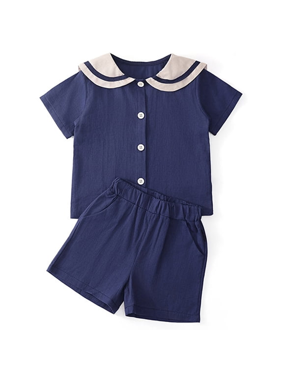 Toddlers Boys Girls Sailor Style Sets Cotton Linen Sailor Collar Shirts Elastic Waist Shorts Two Piece Outfits for Summer Casual and Family Outings,Blue,90
