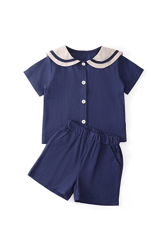 Toddlers Boys Girls Sailor Style Sets Cotton Linen Sailor Collar Shirts Elastic Waist Shorts Two Piece Outfits for Summer Casual and Family Outings,Blue,90