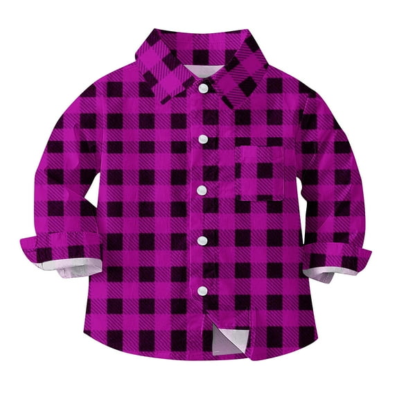 Toddlers Button Up Shirt for Boys Long Sleeve Boy Girl Plaid Dress Shirts with Chest Pocket Collared Blouses, 7-8 Years Purple 01