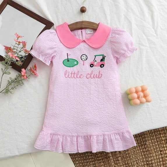 Toddlers Cartoon Print Dress For Girls Puff Sleeve V-Neck Ruffled Dresses Summer Spring Fall Daily Sundress For Girls,12-18 M,Pink