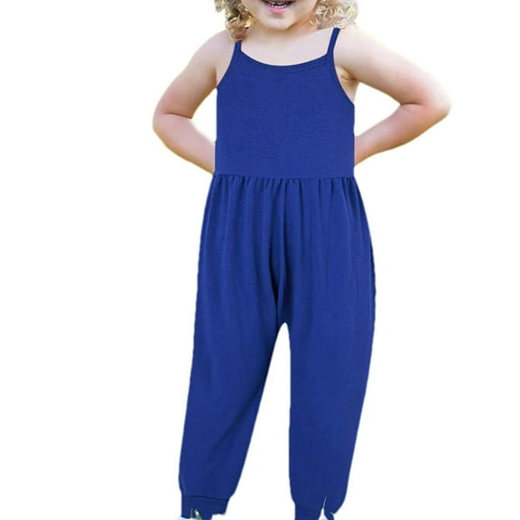 Toddlers Casual Jumpsuit Girls Children'S Summer Solid Color Romper Sling Sleeveless Backless Short Jumpsuit New Casual Winter Jumpsuits Blue 1.5-2T