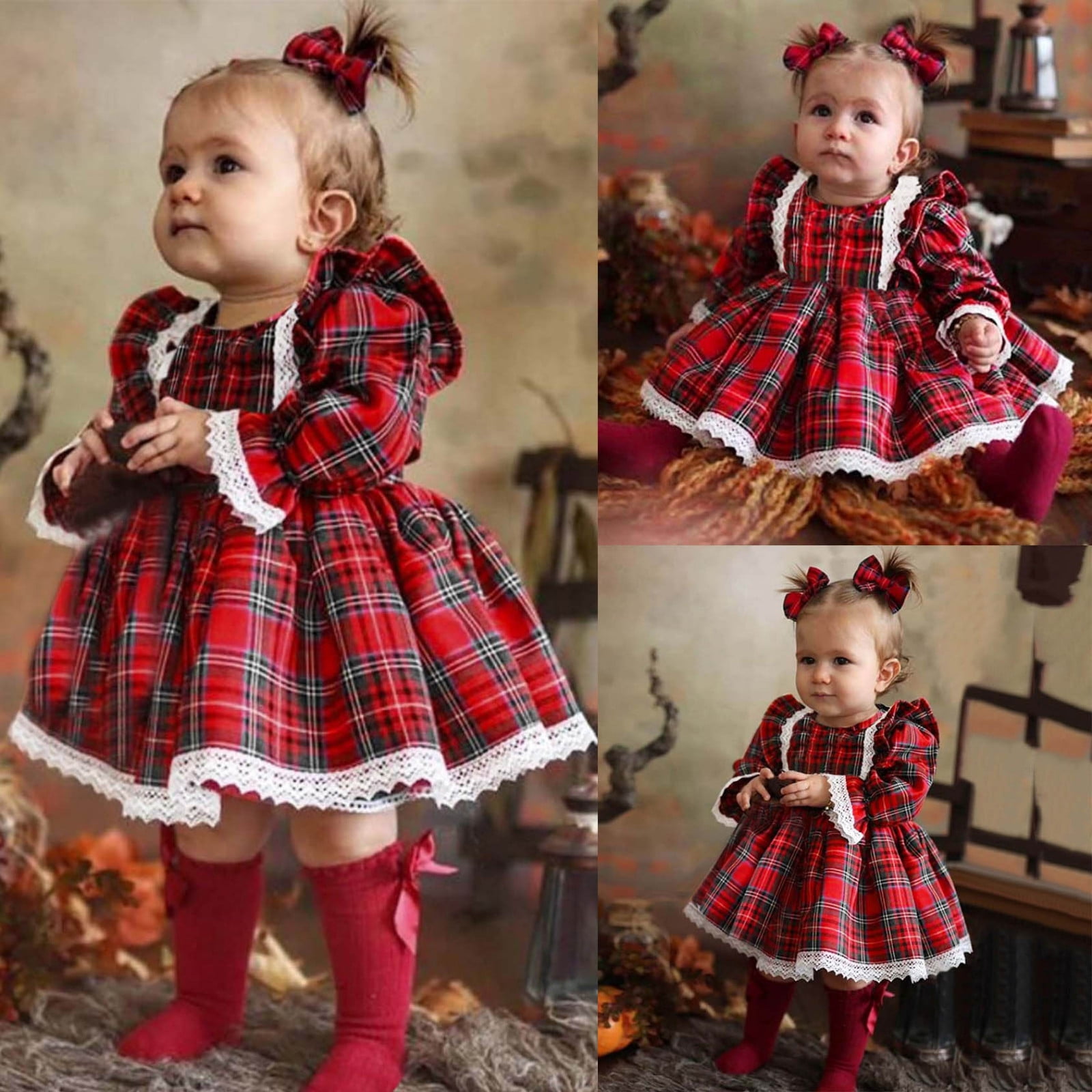Toddlers Christmas Dresses Buffalo Plaid Tulle Princess Dress