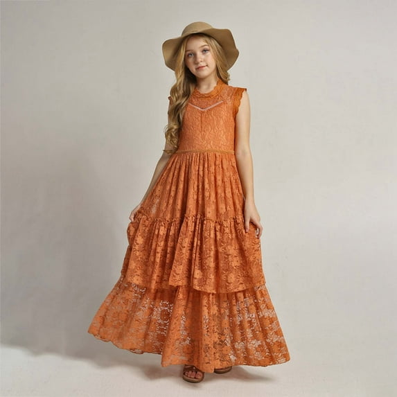 Toddlers Dresses Girls Flower Girl Dress Sleeveless Tulle Dress Party Dress for Girls Orange Dress for Girls Girls Long Dresses Birthday Girl Dress 6-7 Years