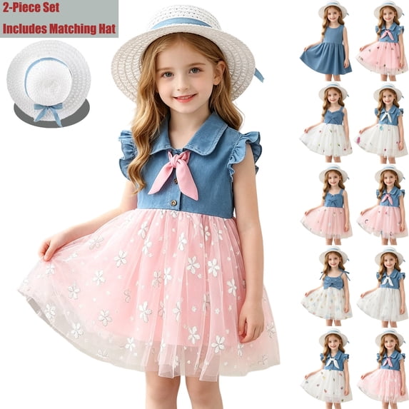 Toddlers Girls Dresses with Matching Straw Hat 2 Piece Set Mesh Patch Sleeveless Cute Midi Dresses A Lined Going out Casual Outfits Set(0.5-3 Years)
