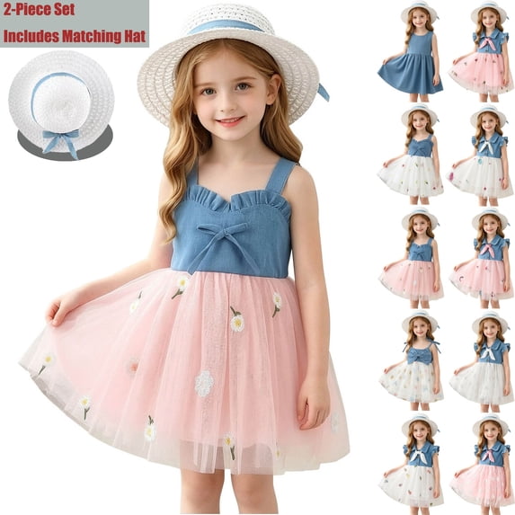 Toddlers Girls Dresses with Matching Straw Hat 2 Piece Set Mesh Patch Sleeveless Cute Midi Dresses A Lined Going out Casual Outfits Set(0.5-3 Years)
