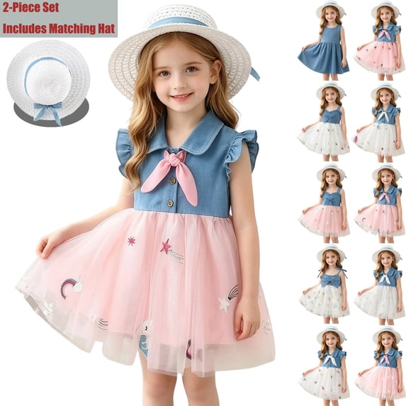 Toddlers Girls Dresses with Matching Straw Hat 2 Piece Set Mesh Patch Sleeveless Cute Midi Dresses A Lined Going out Casual Outfits Set(0.5-3 Years)