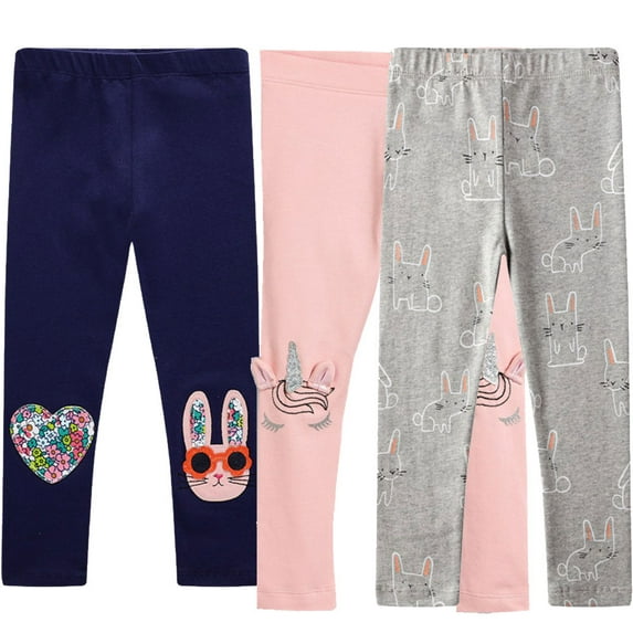Toddlers Girls Leggings 3-Pack Set Cotton Casual Solid Printing Stretch Tights Pants for Kids 2-7 Years