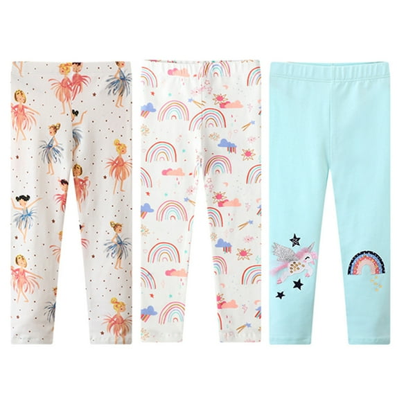 Toddlers Girls Leggings 3-Pack Set Cotton Casual Solid Printing Stretch Tights Pants for Kids 2-7 Years