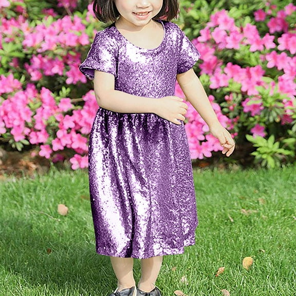 Toddlers Girls Sequins Dresses Size 3-8 Trendy Sparkly Solid Color Short Sleeve Crewneck Pullover Evening Party Dance Dress