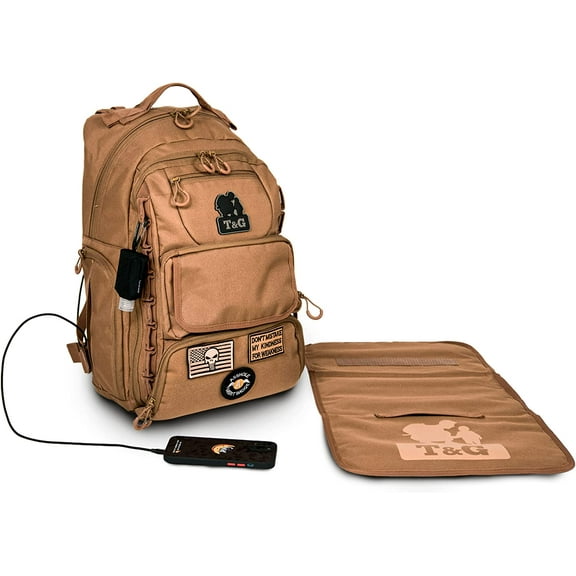 Toddlers And Gunners Dad Diaper Bag, With Diaper Changing Mat, USB Port & Laptop Compartment. Diaper Bag Backpack with Straps for Stroller. Large Diaper Bag for men and women (Coyote Brown)