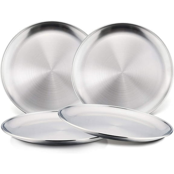 Toddlers Kids 18/8 Stainless Steel Plates, Durable Metal 304 Feeding 8in Dishes for Serving/Snack/Camping, No Plastic and Dishwasher Safe - 4 Pack