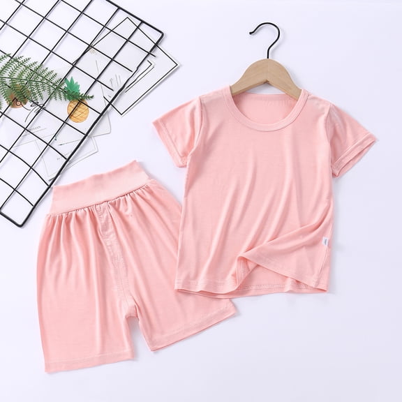 Toddlers Kids 2 Piece Sets 6M-7Y Boys & Girls Going-Out Outfits Casual Solid Short Sleeve Tops and High Waisted Shorts Loungewear Set