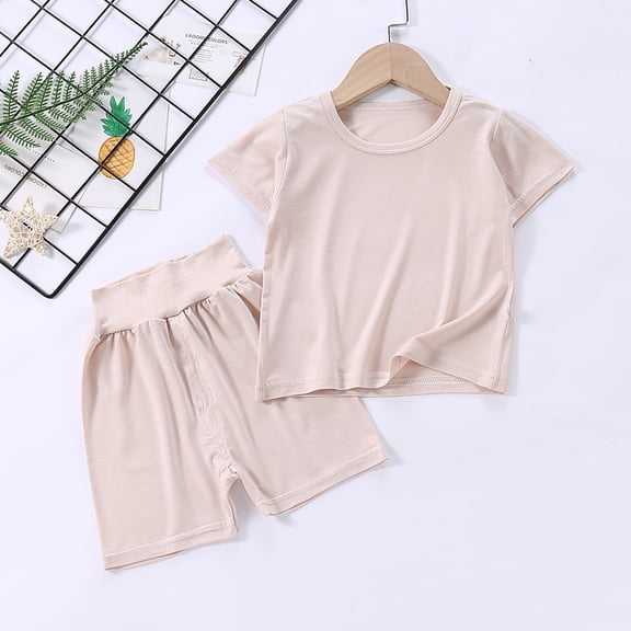 Toddlers Kids 2 Piece Sets 6M-7Y Boys & Girls Going-Out Outfits Casual Solid Short Sleeve Tops and High Waisted Shorts Loungewear Set