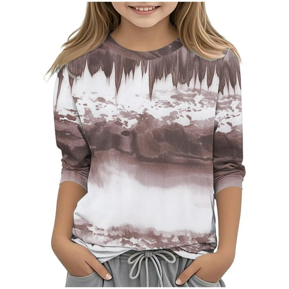Toddlers Kids Casual T-shirts 3/4 Sleeve Girls Graphic Printed Tshirts Spring Fall Base Tees Polyester Tops (7 Years, Brown 01)
