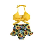 BURKASHEAR Toddlers Kids Girls 2 Pieces Bikini Swimsuit 1T 2T 3T 4T 5T Summer Beachwear Bathing Suit Floral Print Sunflower Yellow Tankini Set