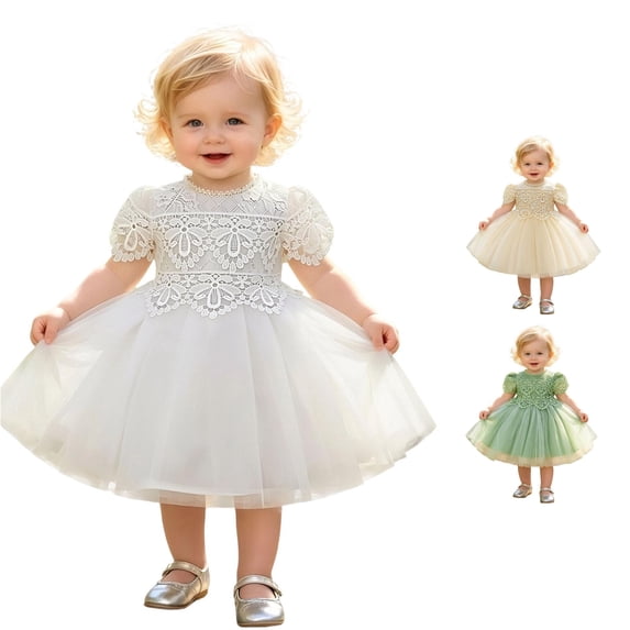 Toddlers Kids Girls Summer Dress Puff Sleeve Round Neck Solid Color Lace Elegant Mesh Tutu Dresses For Wedding Party,White,12-24 Months