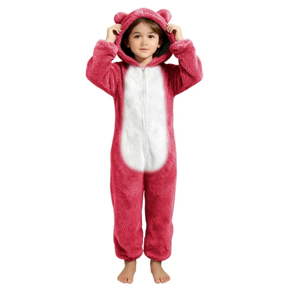 Toddlers Kids Onesies Sherpa Fleece Zip Up Hooded Jumpsuits Fuzzy Pajamas for Boys Girls 4-14 Years Sleepwear (11-12 Years, Hot Pink #A)
