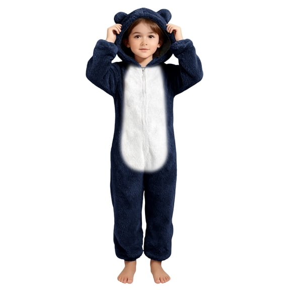 Toddlers Kids Onesies Sherpa Fleece Zip Up Hooded Jumpsuits Fuzzy Pajamas for Boys Girls 4-14 Years Sleepwear (13-14 Years, Navy|Colorblcok)