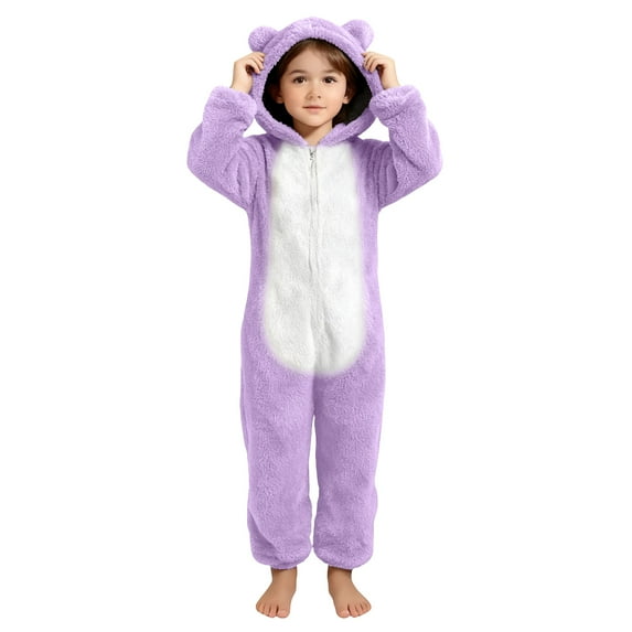 Toddlers Kids Onesies Sherpa Fleece Zip Up Hooded Jumpsuits Fuzzy Pajamas for Boys Girls 4-14 Years Sleepwear (13-14 Years, Purple|Colorblcok)