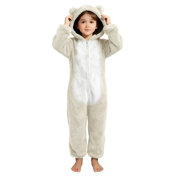 Toddlers Kids Onesies Sherpa Fleece Zip Up Hooded Jumpsuits Fuzzy Pajamas for Boys Girls 4-14 Years Sleepwear (4-5 Years, Beige #A)