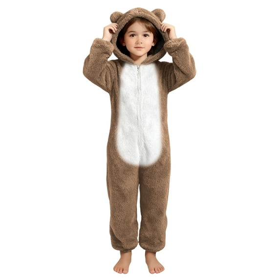 Toddlers Kids Onesies Sherpa Fleece Zip Up Hooded Jumpsuits Fuzzy Pajamas for Boys Girls 4-14 Years Sleepwear (4-5 Years, Khaki #A)