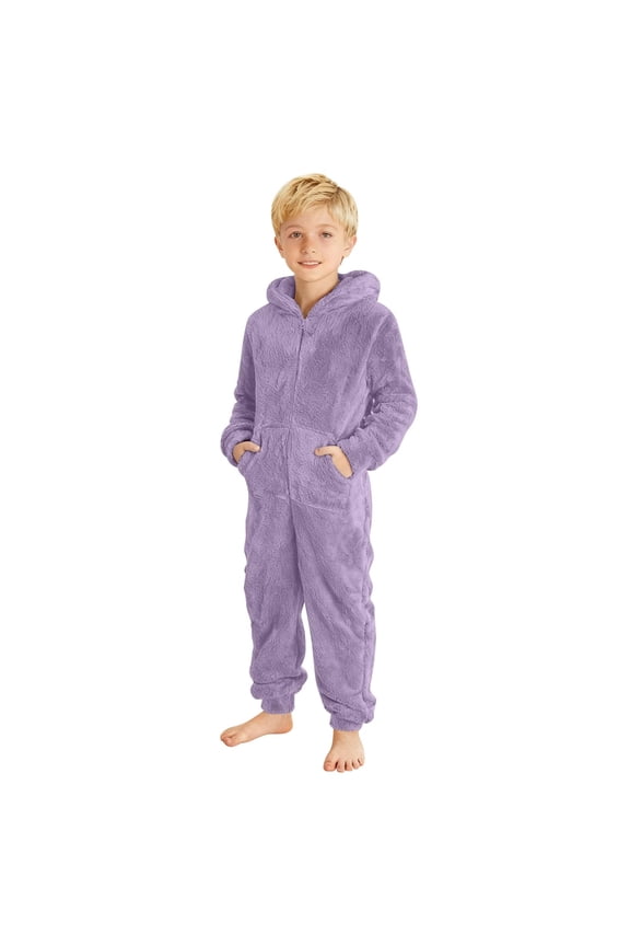 Toddlers Kids Onesies Sherpa Fleece Zip Up Hooded Jumpsuits Fuzzy Pajamas for Boys Girls 4-14 Years Sleepwear (5-6 Years, Purple)