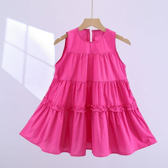 Toddlers Kids Sleeveless Dresses Summer 1-8 Years Girls Cute Crewneck Solid Color Layered Pullover Beach Mini Sundresses