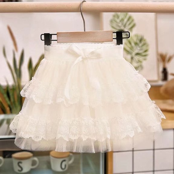 Toddlers Kids Tutu-Skirts Cute Lace Splice Tulle Tiered Bowknot Elastic High Waisted Girls Solid Color Princess Birthday Mini Skirt 3-10