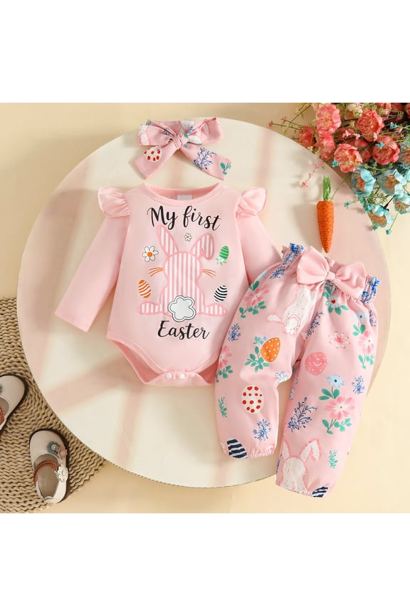 Toddlers My First Easter Outfits Sets Long Sleeve Bunny Letter Bodysuits Egg Print Pants Headband 3 Piece Outfits for Baby Girls,Pink,6M