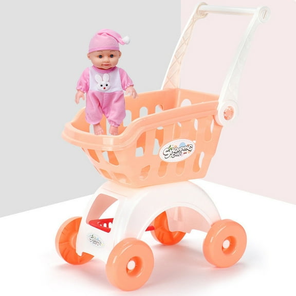 Toddlers Orange Big 2-Layer Toy Shopping Cart W/Baby Dolls(Cloth Body) for Kids Girls Boys 3Y+