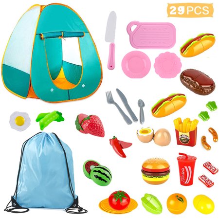 Toddlers Pop up Play Tent W/Bag & 27 Pcs Kids Cutting Foods Set, Outdoor Toys Camping Nylon Tent for 3-6 Kids Boys Girls Birthday Christmas Present