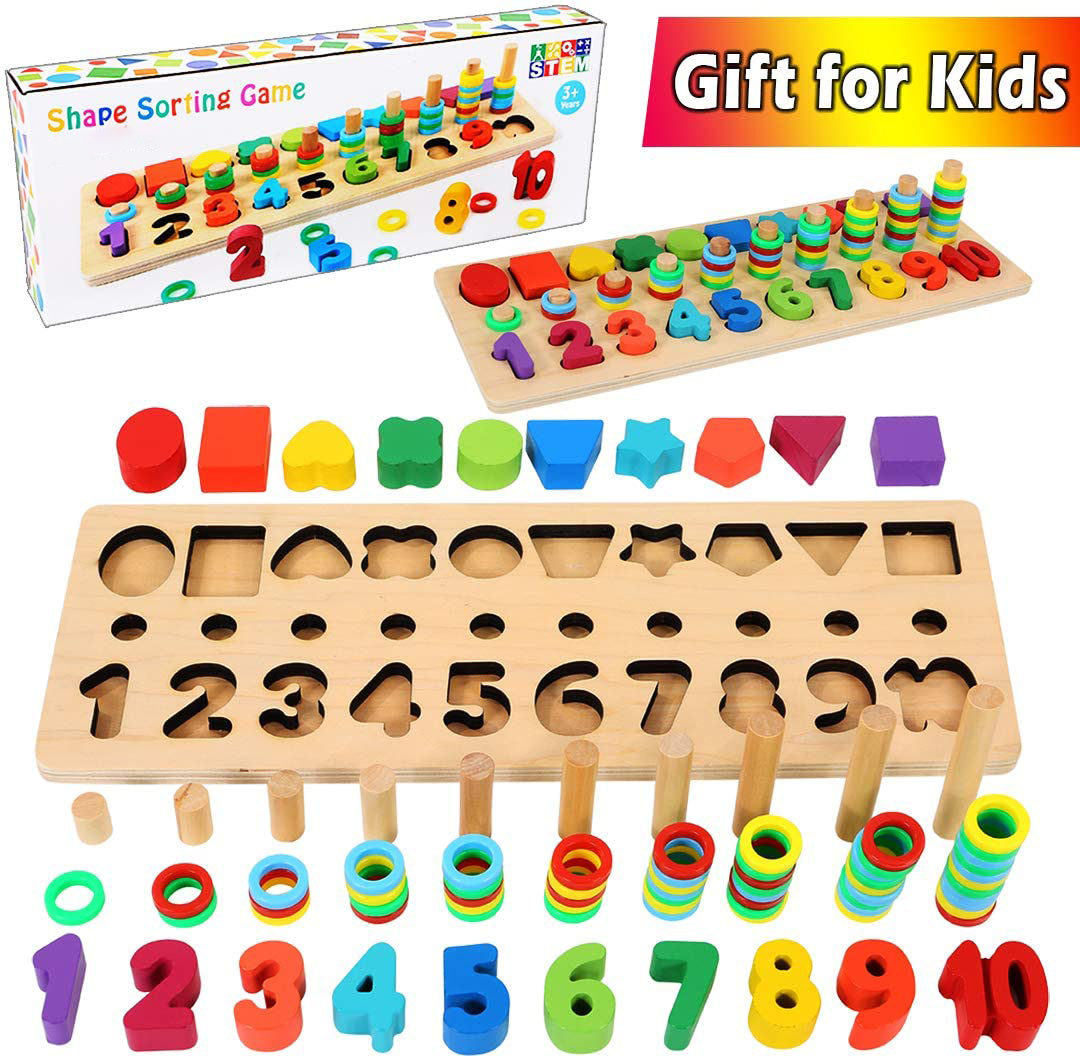 Toddlers - Shape Sorter Counting Game for Wooden Number Puzzle Sorting Montessori Toys for Age 3 4 5 Year olds Kids - Preschool Education Math Stacking Block Learning Wood Chunky Jigsaw - image 1 of 6