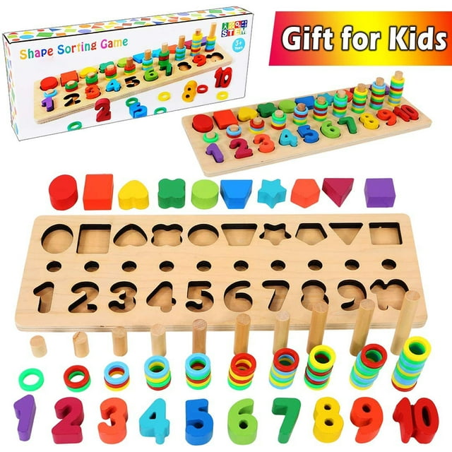 Toddlers - Shape Sorter Counting Game for Wooden Number Puzzle Sorting Montessori Toys for Age 3 4 5 Year olds Kids - Preschool Education Math Stacking Block Learning Wood Chunky Jigsaw
