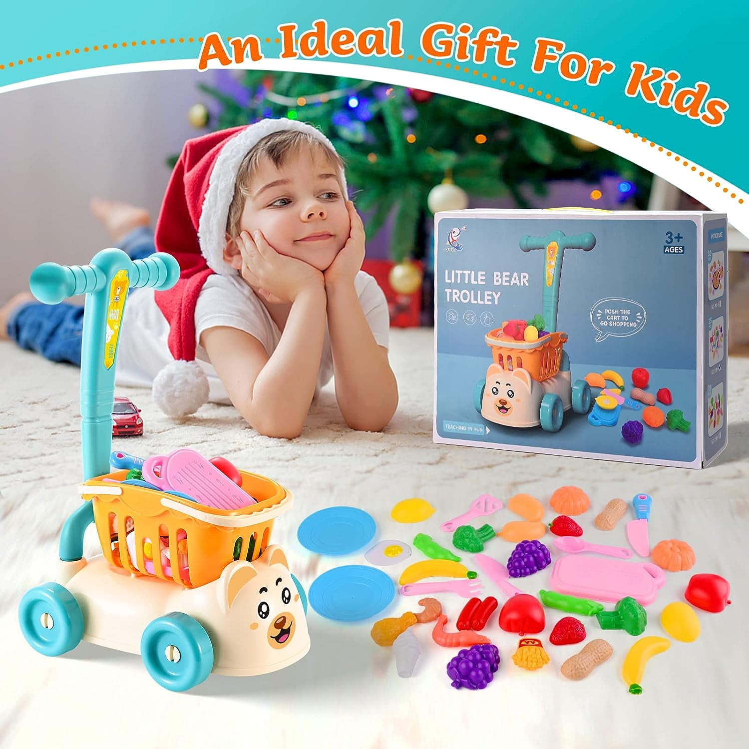 Toddlers Shopping Cart Toy,35 PCS Cutting Play Foods Kids Shopping Cart