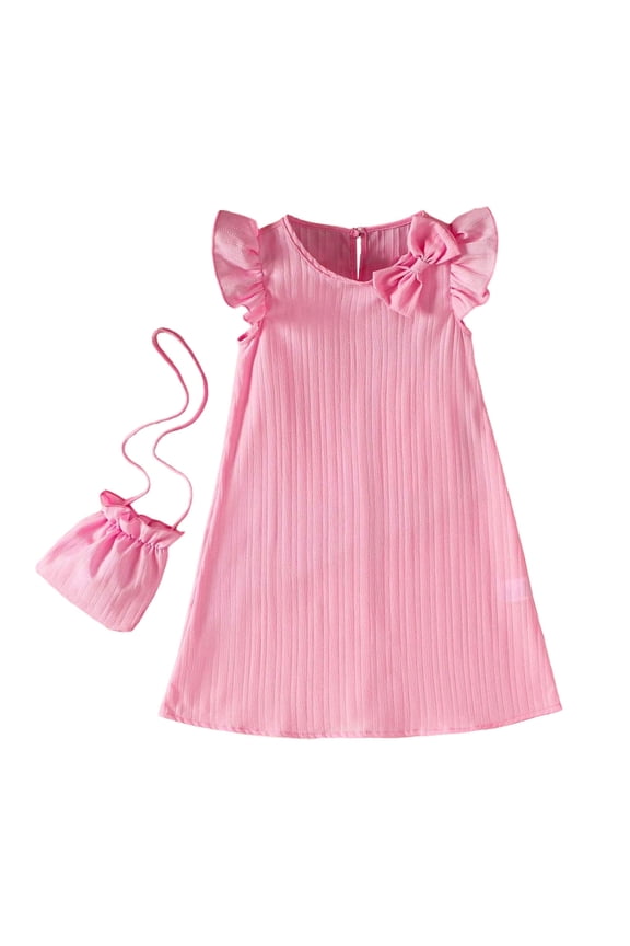 Toddlers Solid Color Dress Summer For Grils Flutter Sleeve Round Neck Simple Design Dresses Spring Fall Daily Sundress,6-7 Y,Pink