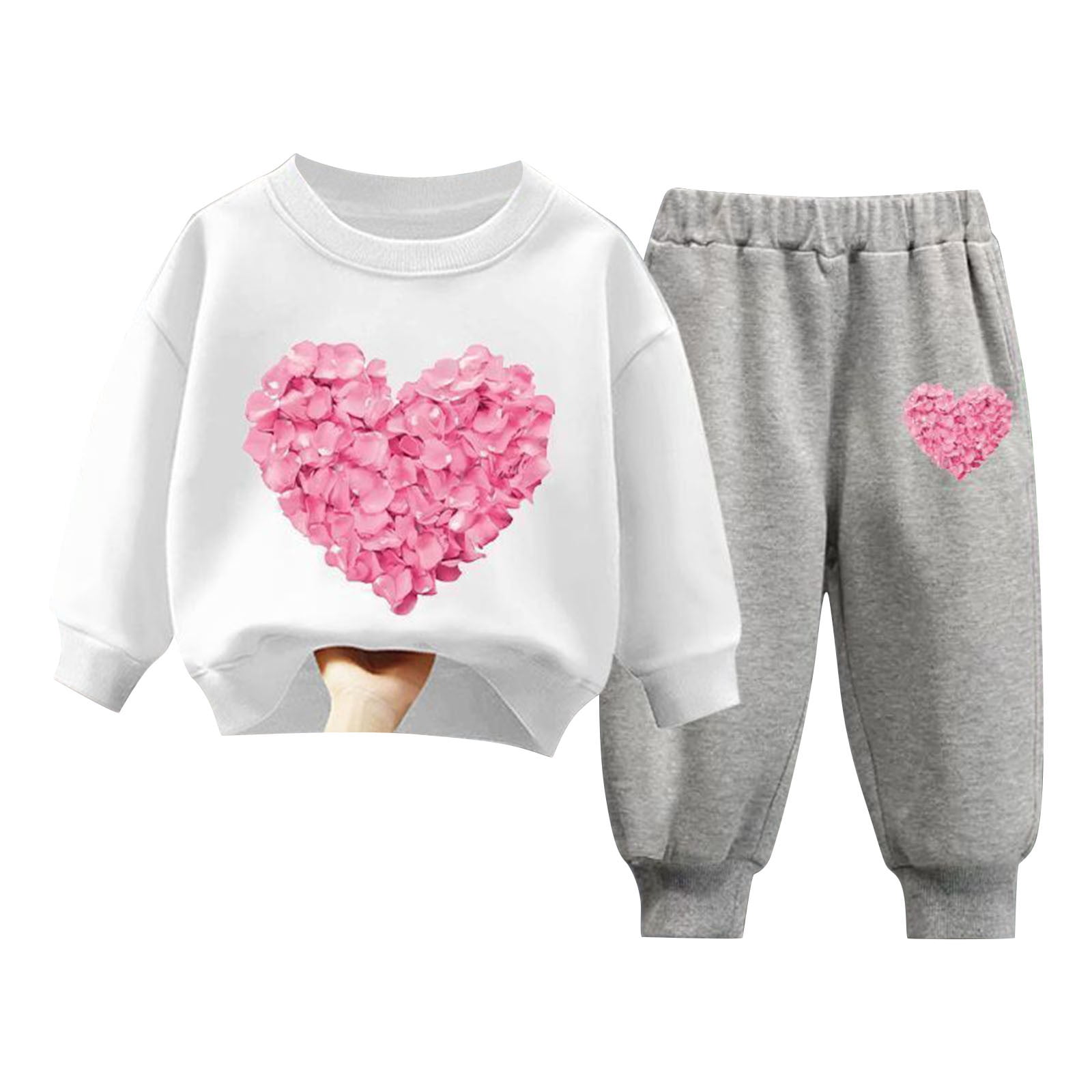 Toddlers Sweatsuits Kids Boy Girls Valentines Day Outfits 2 Piece Tracksuit Sweatshirt and Jogger Pants Set, 12-18 Months White 01